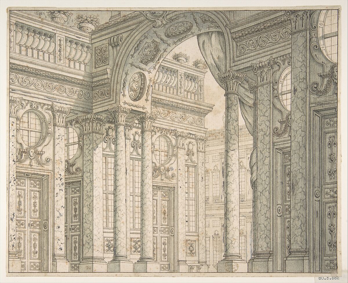 Design of a Perspective for a Stage Set with Courtyard and Triumphal Arch., Ferdinando Galli Bibiena (Italian, Bologna 1657–1743 Bologna) - circle of, Pen and brown ink, brush and green and gray wash, over traces of leadpoint with some traces of white gouache to cancel parts of the drawing 