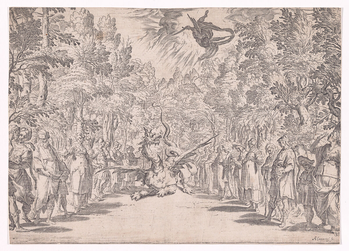 Stage set for the marriage of Ferdinand de' Medici and Christine of Lorraine in Florence in 1589; Apollo and the Python, Agostino Carracci (Italian, Bologna 1557–1602 Parma), Etching, engraving 