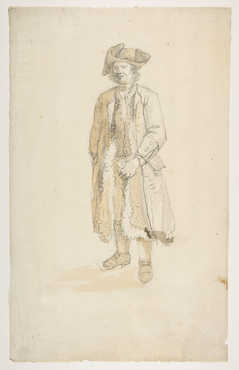 Man Standing in Three-Quarter View Facing Left, attributed to Francesco Zuccarelli (Italian, Pitigliano 1702–1788 Florence), Graphite, reworked with brush and brown wash in shadows 