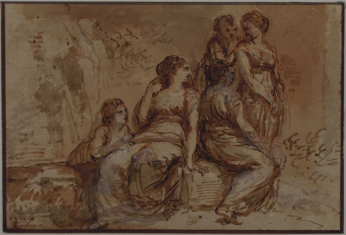 Five Young Women in a Landscape, Francesco Zuccarelli (Italian, Pitigliano 1702–1788 Florence), Pen and brown ink, brush with brown and gray wash, highlighted with white gouache, over red chalk. Framing lines in pen and brown ink
