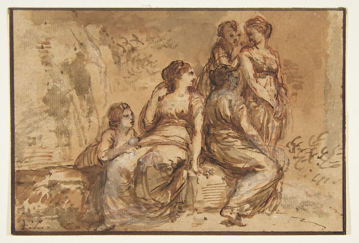 Five Young Women in a Landscape, Francesco Zuccarelli (Italian, Pitigliano 1702–1788 Florence), Pen and brown ink, brush with brown and gray wash, highlighted with white gouache, over red chalk. Framing lines in pen and brown ink 