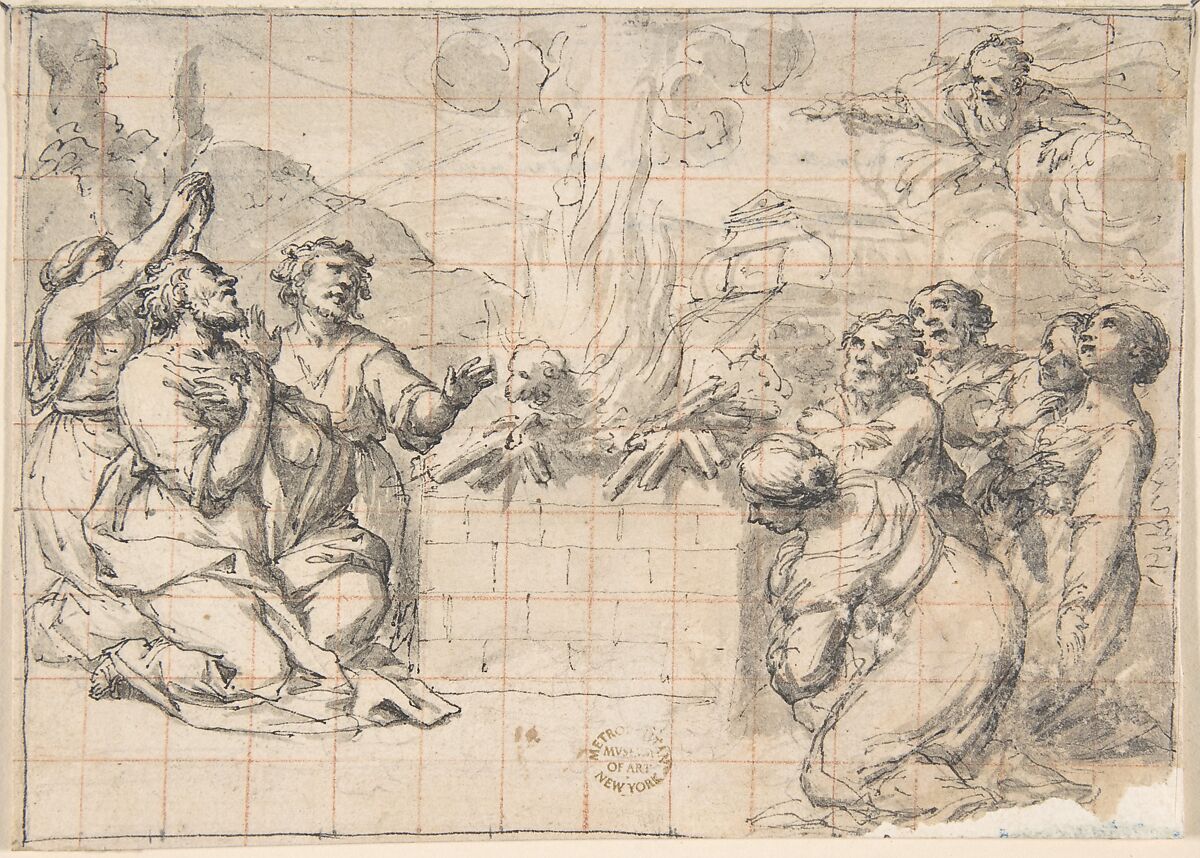 Sacrifice of Noah, Attributed to Lazzaro Baldi (Italian, Pistoia 1622–1703 Rome), Pen and black ink, brush and gray wash; squared in red chalk 