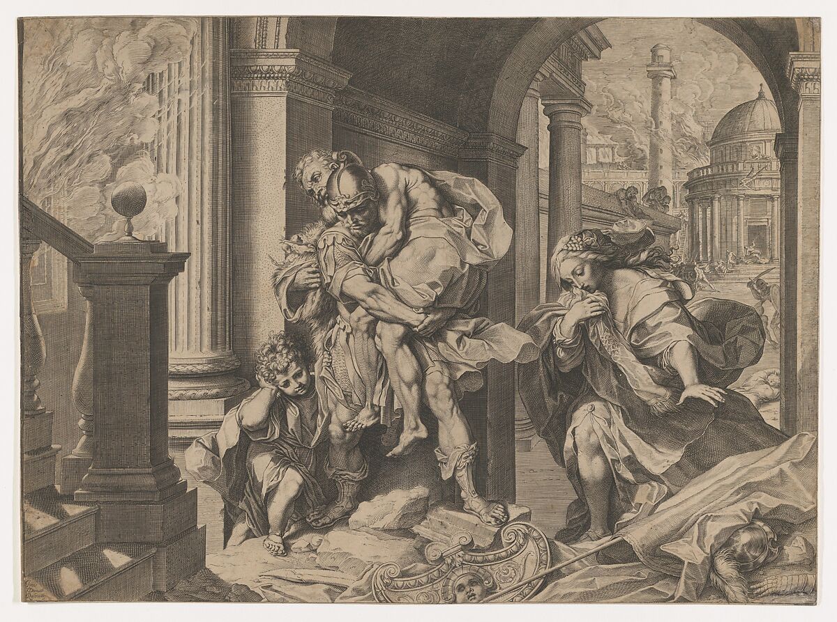 Aeneas and his family fleeing Troy, Agostino Carracci (Italian, Bologna 1557–1602 Parma), Engraving 