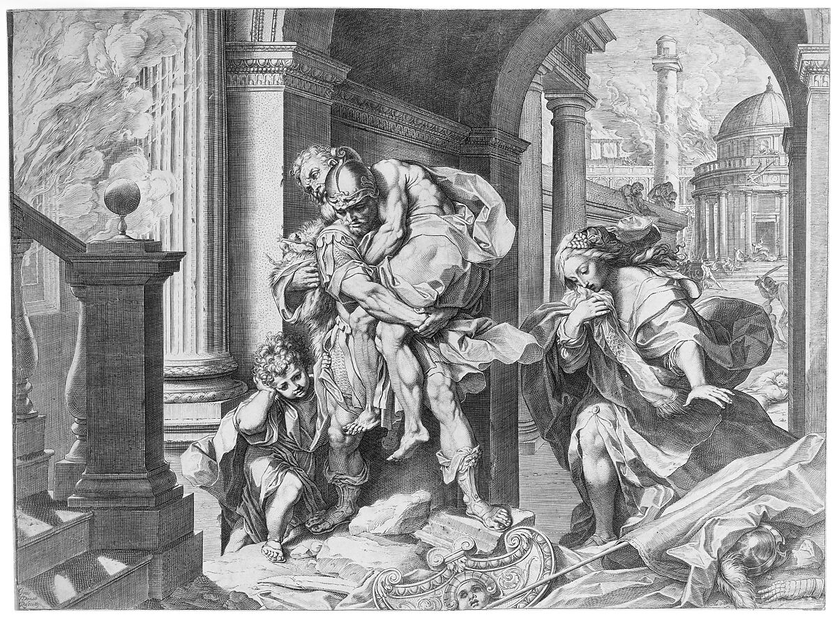 Aeneas and his family fleeing Troy, Agostino Carracci (Italian, Bologna 1557–1602 Parma), Engraving
