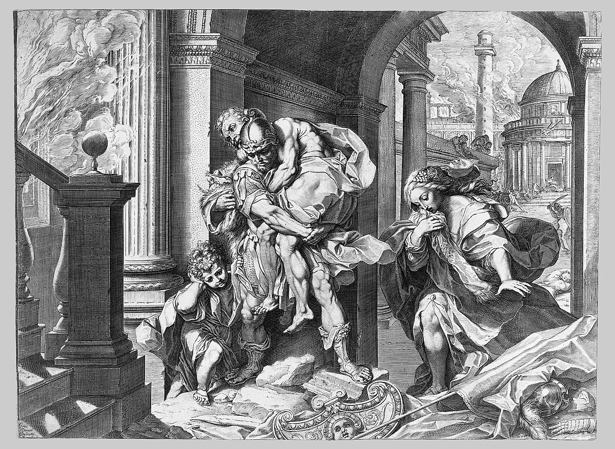 Aeneas and his family fleeing Troy, Agostino Carracci (Italian, Bologna 1557–1602 Parma), Engraving