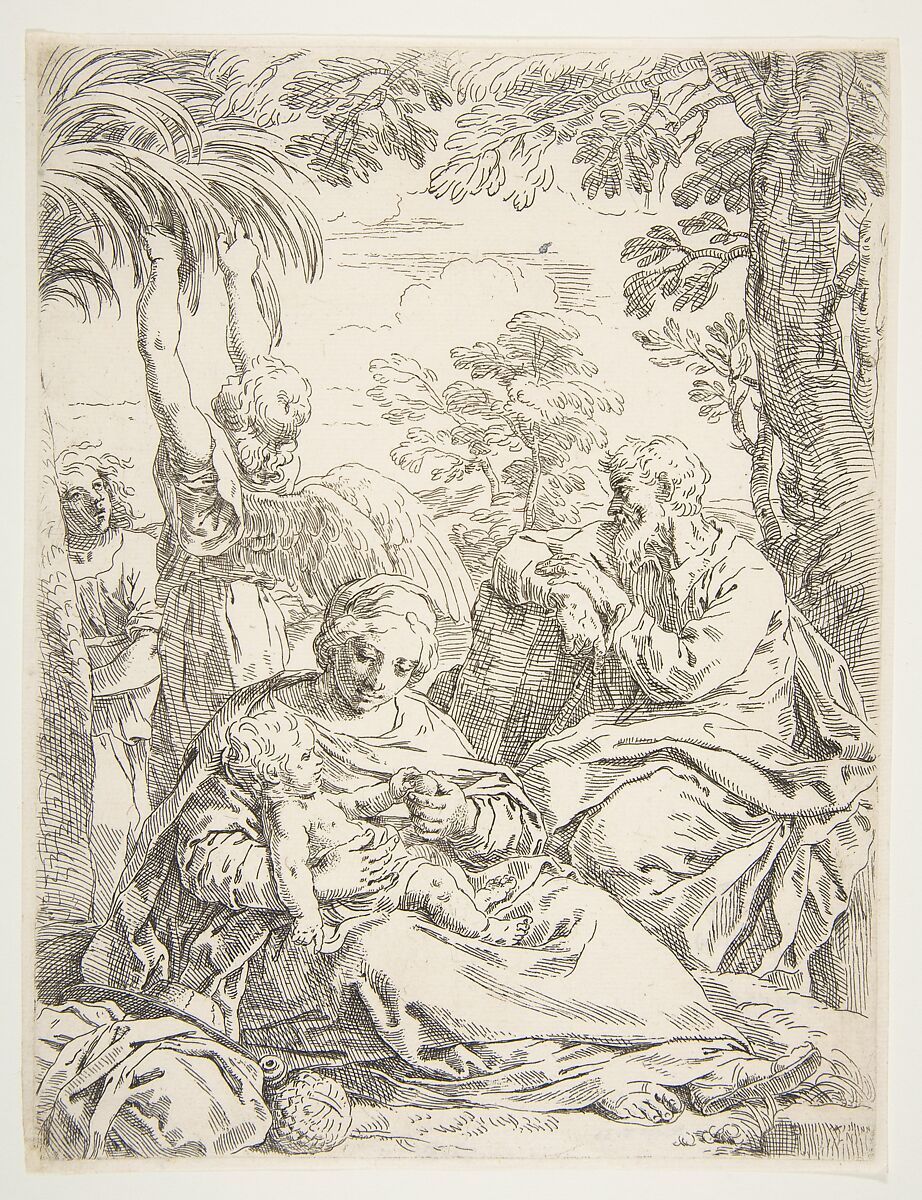 The Holy Family resting on their flight into Egypt, Simone Cantarini (Italian, Pesaro 1612–1648 Verona), Etching 