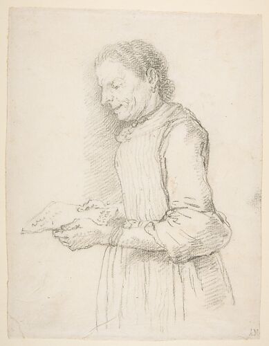 Woman in Half-Length, Profile View Facing Left and Reading a Piece of Paper Signed 