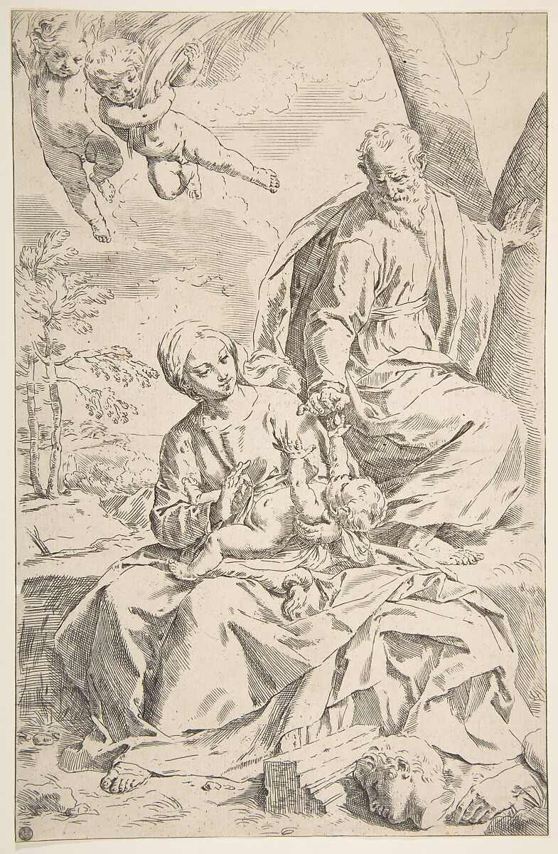 Rest on the flight into Egypt, Mary holding the infant Christ while St. Joseph hands him a fruit, Simone Cantarini (Italian, Pesaro 1612–1648 Verona), Etching 
