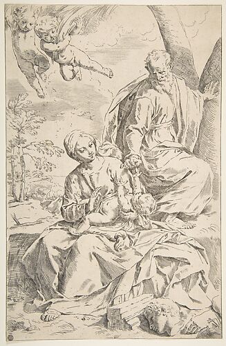 Rest on the flight into Egypt, Mary holding the infant Christ while St. Joseph hands him a fruit