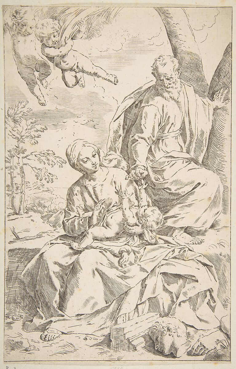 Rest on the flight into Egypt, Mary holding the infant Christ while St. Joseph hands him a fruit, Simone Cantarini (Italian, Pesaro 1612–1648 Verona), Etching 