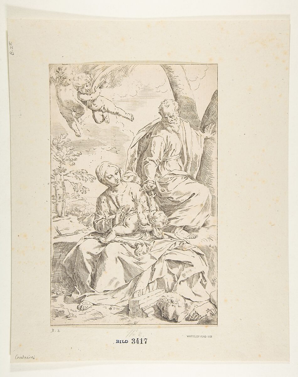 Rest on the flight into Egypt, Mary holding the infant Christ while St. Joseph hands him a fruit, Simone Cantarini (Italian, Pesaro 1612–1648 Verona), Etching
