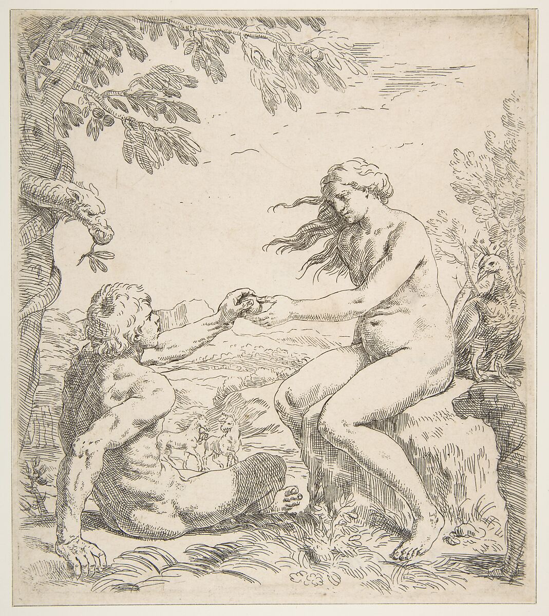 Adam and Eve, Simone Cantarini (Italian, Pesaro 1612–1648 Verona), Etching 