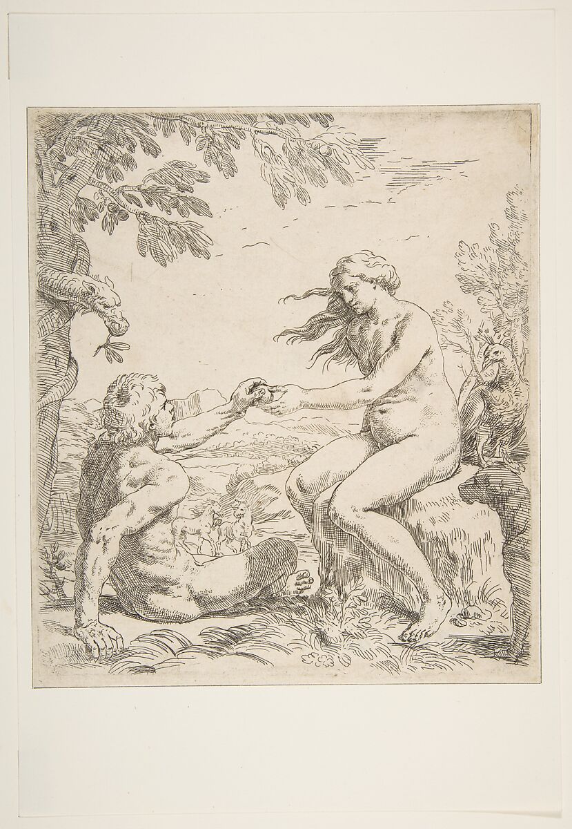 Adam and Eve, Simone Cantarini (Italian, Pesaro 1612–1648 Verona), Etching