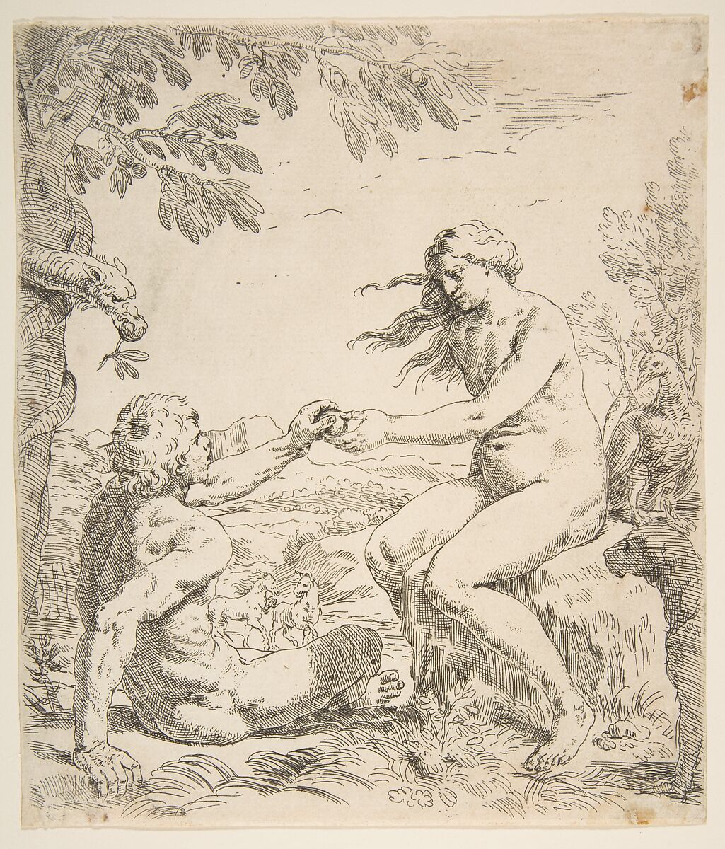 Adam and Eve, Simone Cantarini (Italian, Pesaro 1612–1648 Verona), Etching 
