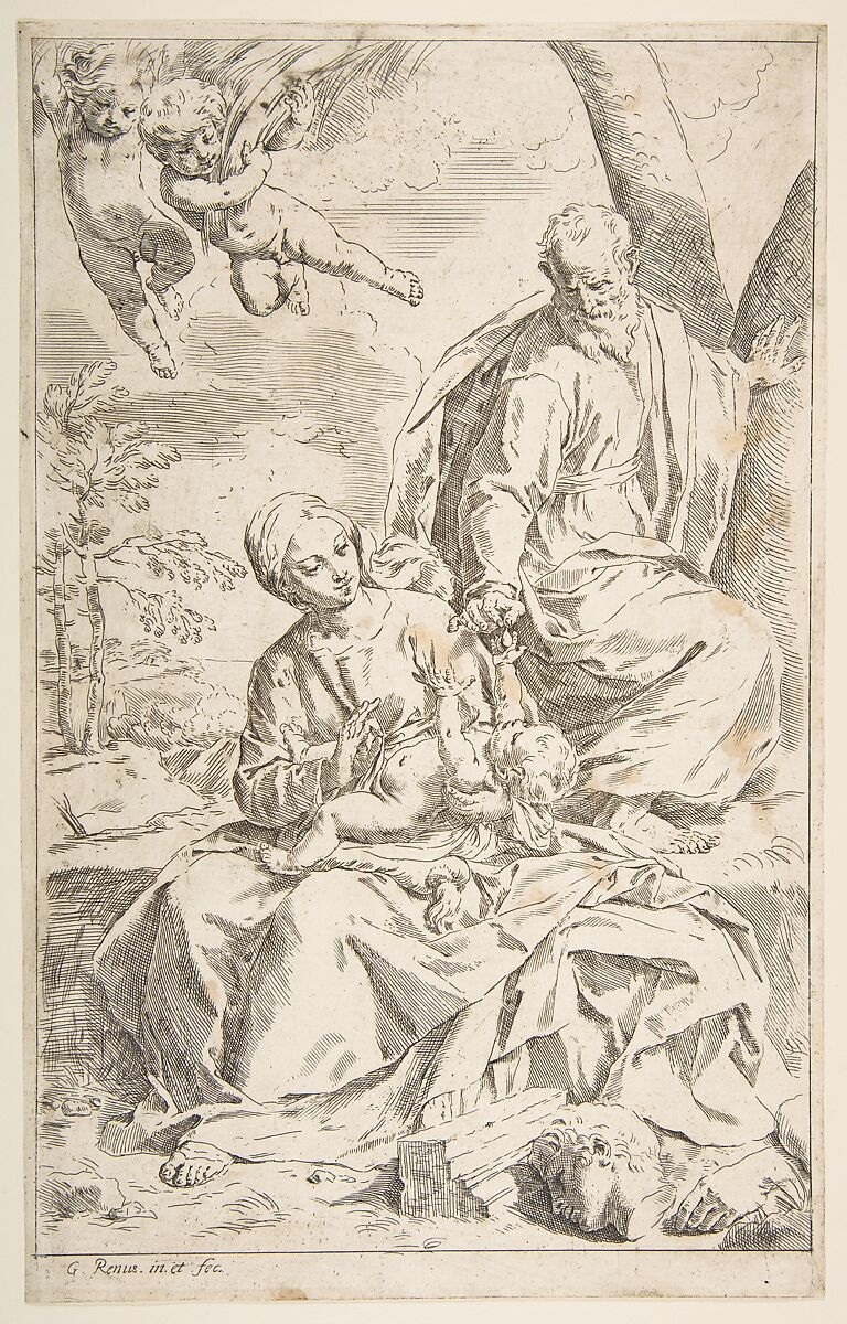 Rest on the flight into Egypt, Mary holding the infant Christ while St. Joseph hands him a fruit, Simone Cantarini (Italian, Pesaro 1612–1648 Verona), Etching 