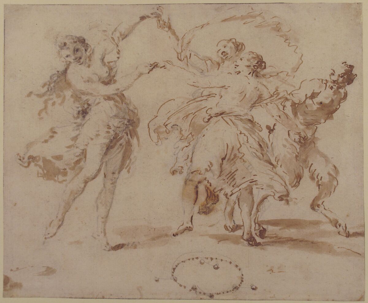 Three Dancing Nymphs and a Satyr, Francesco Zuccarelli (Italian, Pitigliano 1702–1788 Florence), Pen and brown ink, brush and brown wash, over graphite