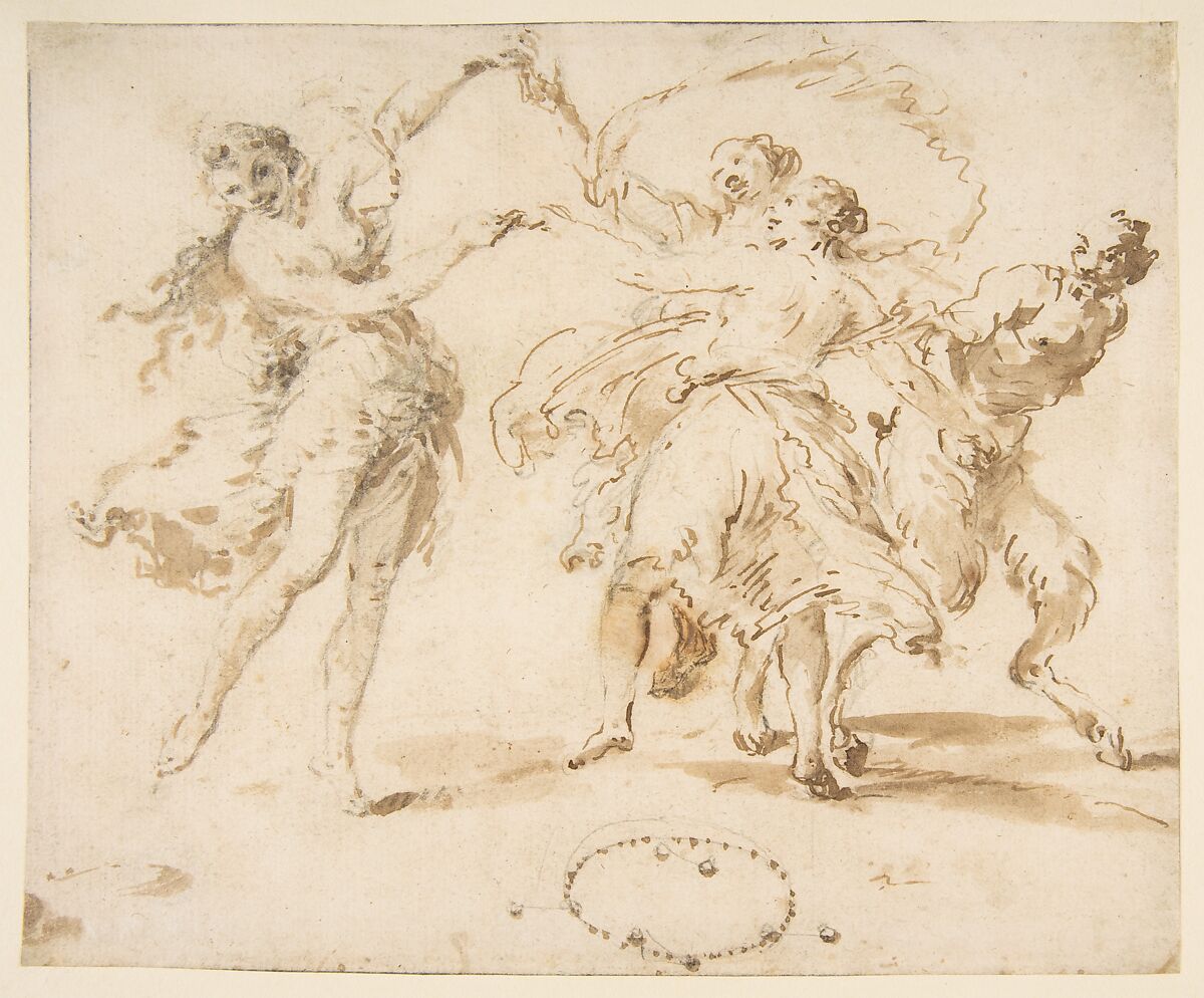 Three Dancing Nymphs and a Satyr, Francesco Zuccarelli (Italian, Pitigliano 1702–1788 Florence), Pen and brown ink, brush and brown wash, over graphite 