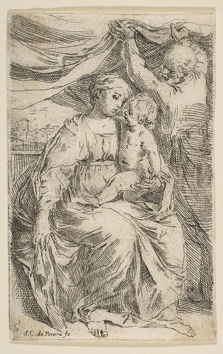 Holy Family with a curtain, Simone Cantarini (Italian, Pesaro 1612–1648 Verona), Etching 