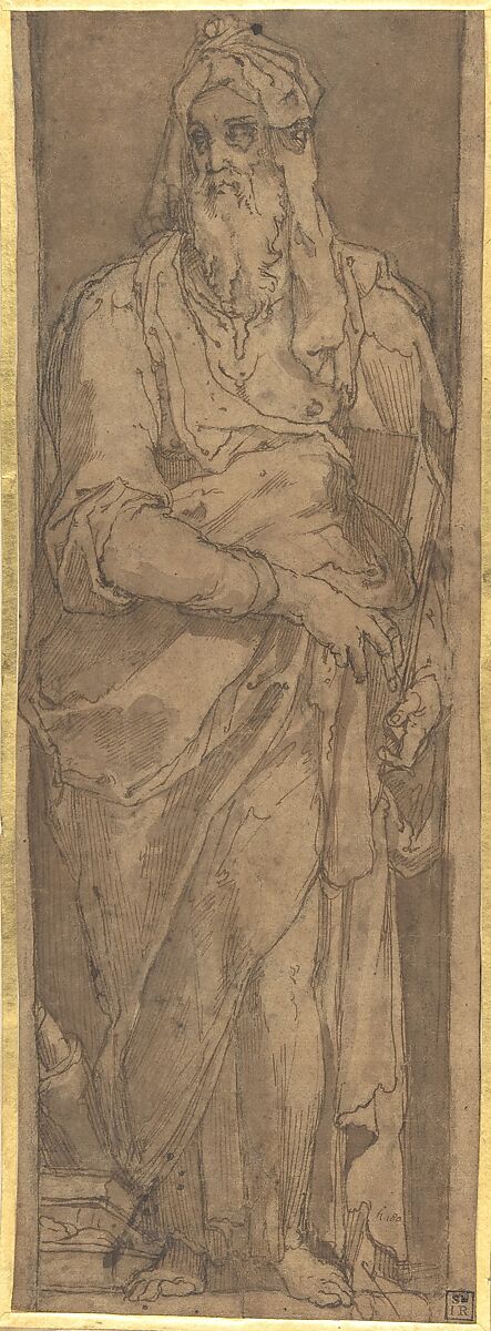 Standing Prophet in a Niche, Holding a Book, Taddeo Zuccaro (Italian, Sant&#39;Angelo in Vado 1529–1566 Rome), Pen and brown ink, brush and brown wash, over black chalk, on brownish paper 