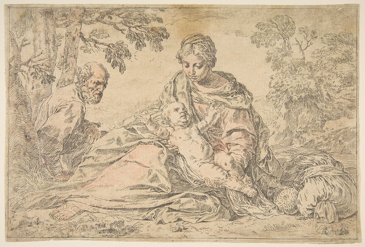Rest on the flight into Egypt, Mary holding the infant Christ with St. Joseph at left, Simone Cantarini (Italian, Pesaro 1612–1648 Verona), Etching 