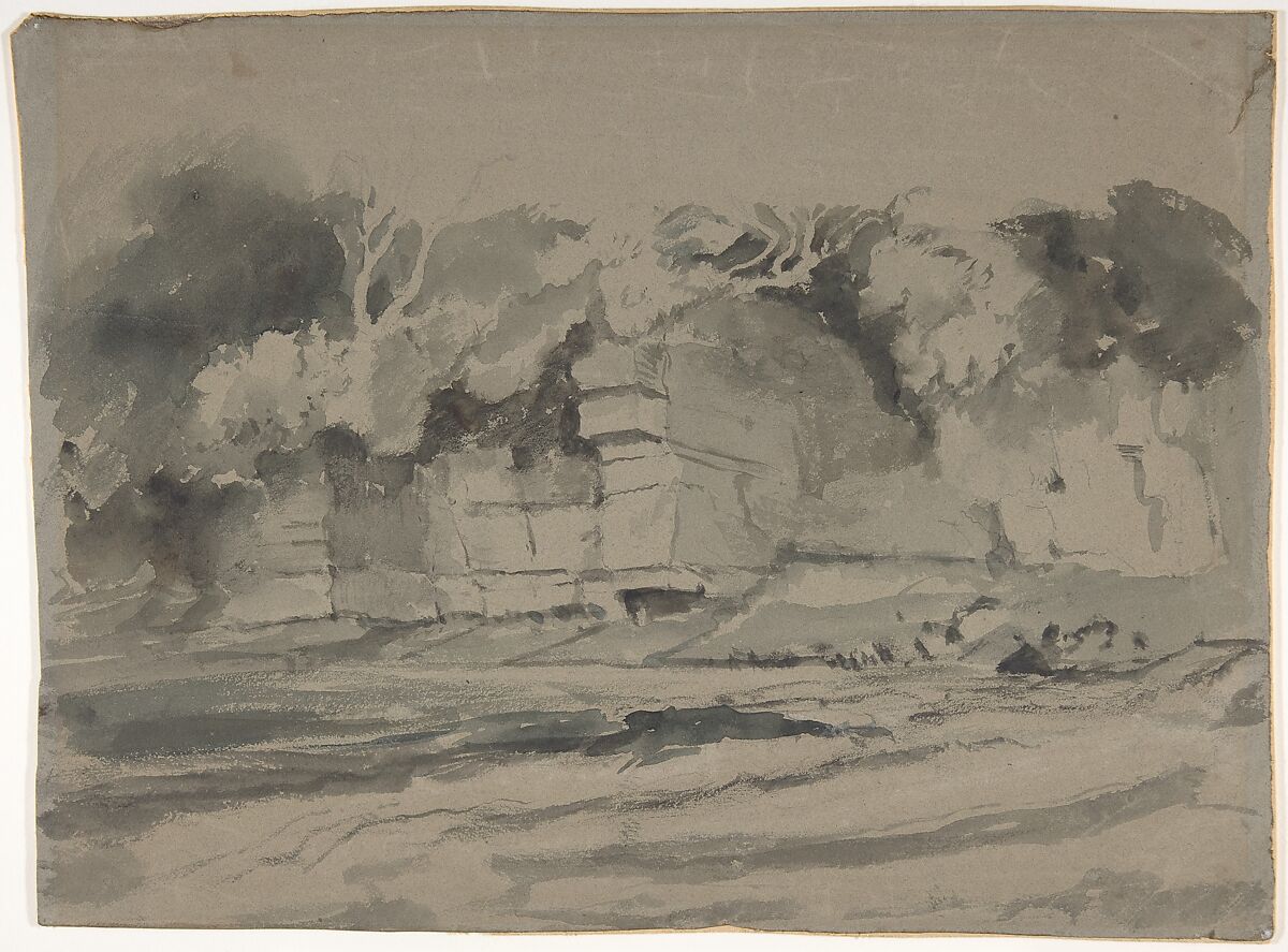 Landscape with a rock wall, perhaps in Westmorland, Attributed to Peter De Wint (British, Hanley, Stoke-on-Trent 1784–1849 London), Brush and gray wash, on gray green paper 