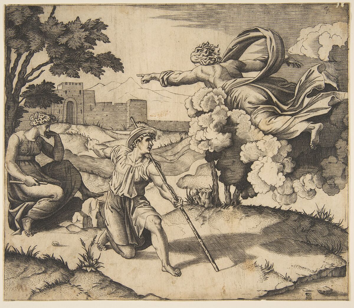 God appearing to Isaac; God floating in clouds pointing toward Rebecca seated under a tree at left, Isaac kneeling in the center holding a large stick and also pointing to Rebecca, Marco Dente (Italian, Ravenna, active by 1515–died 1527 Rome), Engraving 