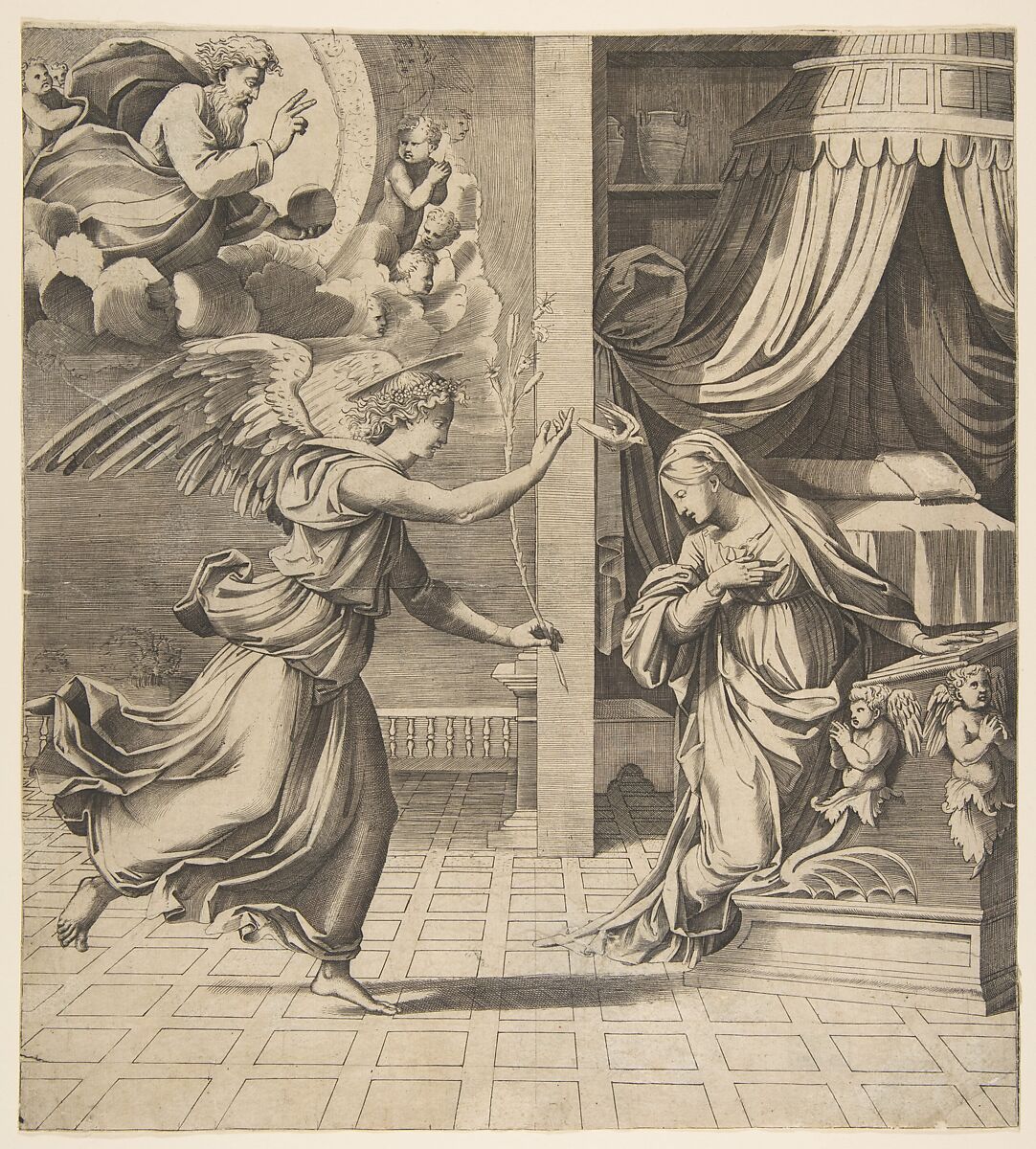 The Annunciation; the archangel Gabriel at left approaching the Virgin kneeling in prayer at right, God the Father in the upper left, Attributed to Marco Dente (Italian, Ravenna, active by 1515–died 1527 Rome), Engraving 