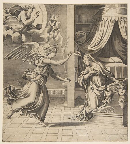 The Annunciation; the archangel Gabriel at left approaching the Virgin kneeling in prayer at right, God the Father in the upper left