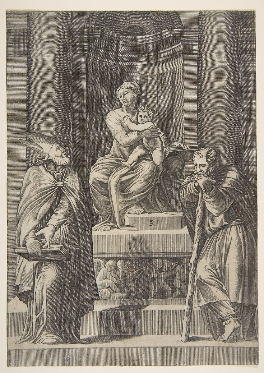Saint Joseph at left and a bishop at right standing before the altar of the Virgin and Christ Child, Marco Dente (Italian, Ravenna, active by 1515–died 1527 Rome), Engraving 