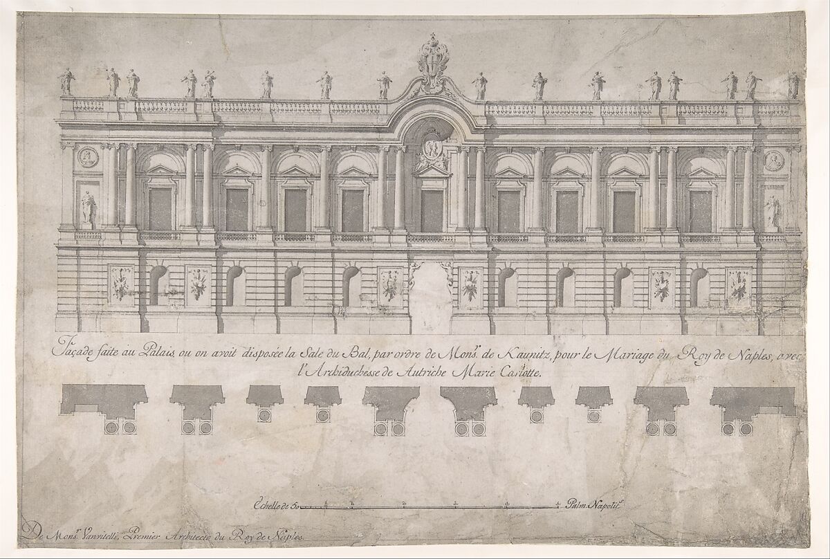 Façade of Palace decorated for the Marriage of the King of Naples to the Archduchess of Austria, Luigi Vanvitelli (Italian, Naples 1700–1773 Caserta)  , workshop of, Pen and black-gray ink, brush and gray wash, over freehand underdrawing in graphite and compass and ruled construction lines in graphite 