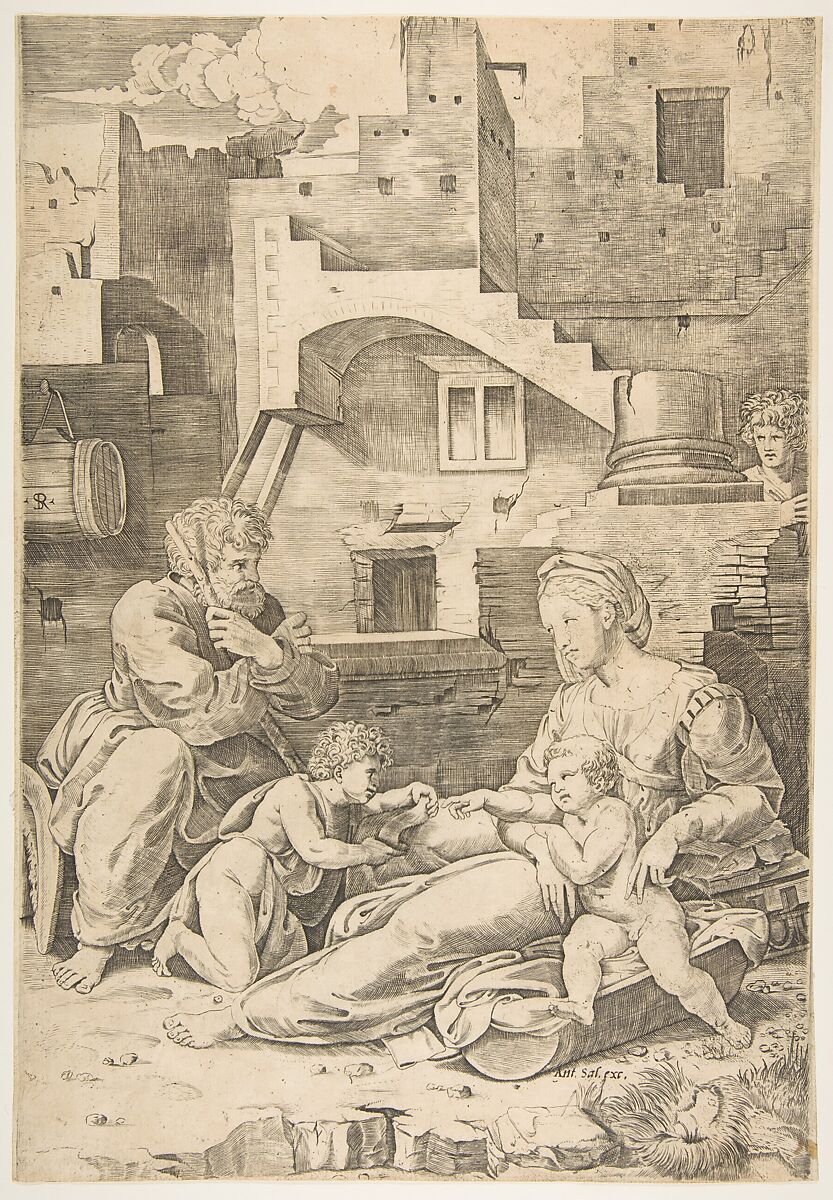 Virgin of the Long Thigh; the Virgin reclining on the ground her left leg outstretched supporting the infant Christ who reaches across to the infant John the Baptist, Joseph seated at left, buildings in the background, Marco Dente (Italian, Ravenna, active by 1515–died 1527 Rome), Engraving 