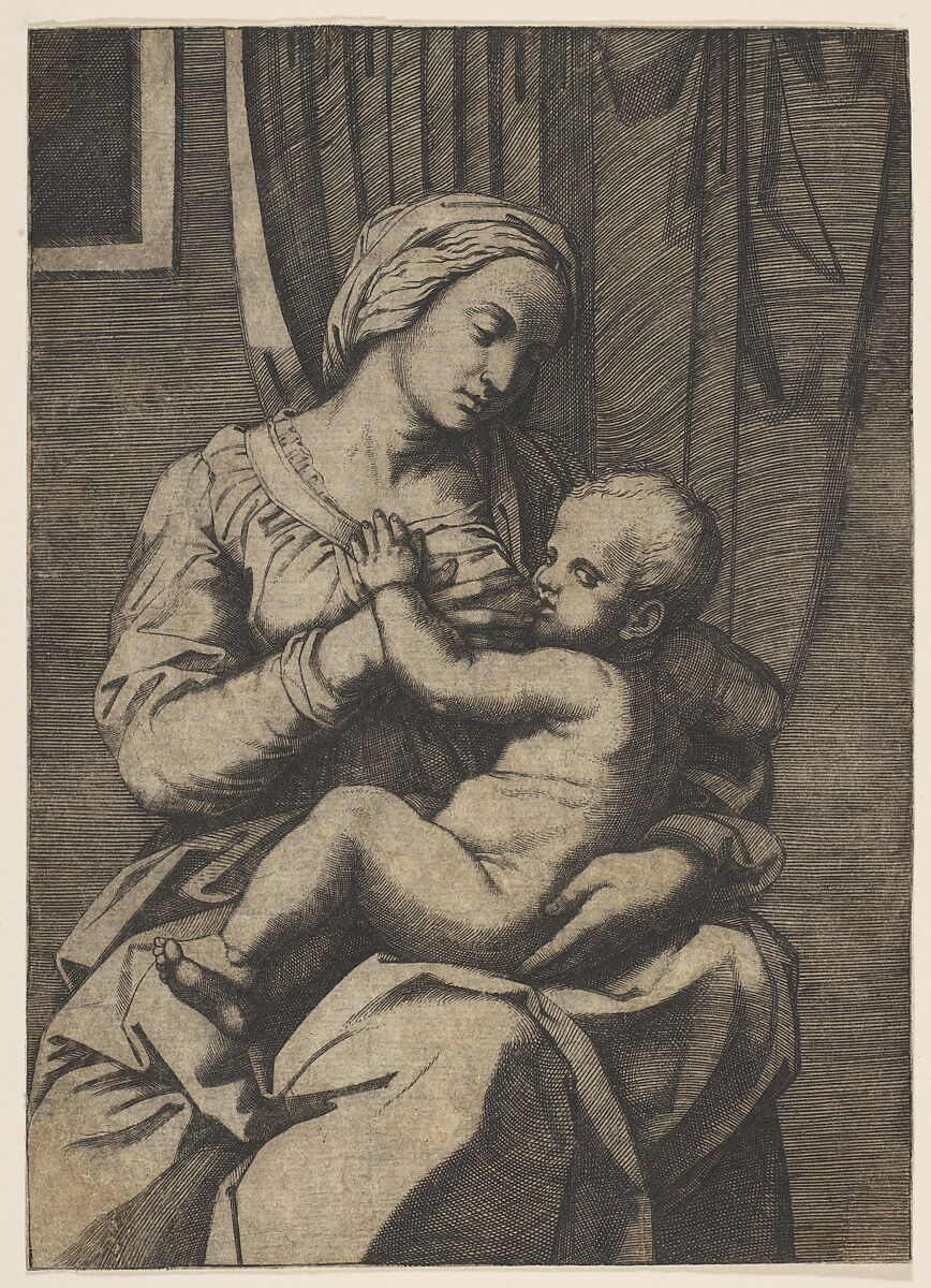 Virgin nursing the infant Christ on her lap, Marco Dente (Italian, Ravenna, active by 1515–died 1527 Rome), Engraving 