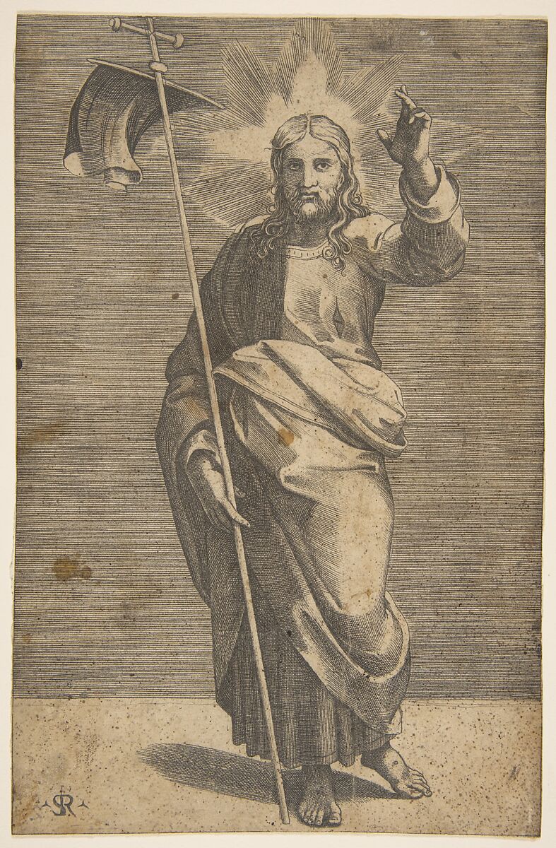 Christ standing facing forward, holding a cross with a banner and raising his left hand, Marco Dente (Italian, Ravenna, active by 1515–died 1527 Rome), Engraving 