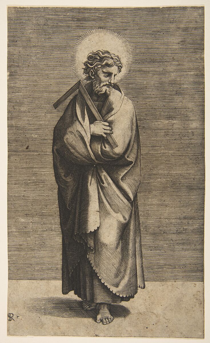Saint Thomas holding a square rule, his head turned to the right, Marco Dente (Italian, Ravenna, active by 1515–died 1527 Rome), Engraving 