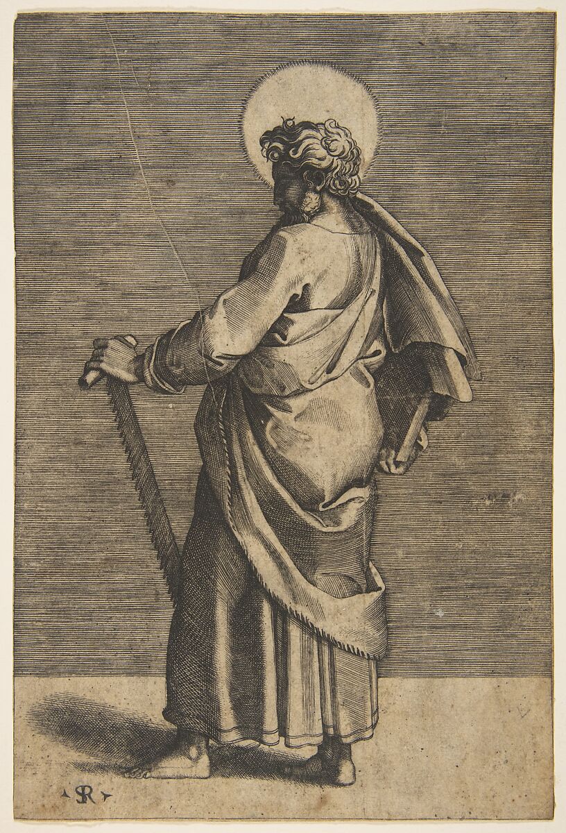 Saint Simon standing facing left, holding a saw and a book, Marco Dente (Italian, Ravenna, active by 1515–died 1527 Rome), Engraving 