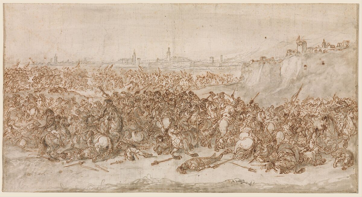 A Cavalry Battle before a City, Francesco Antonio Simonini (Italian, Parma 1686–ca. 1755 Venice or Florence), Pen and brown ink, brush and gray wash, over black chalk 