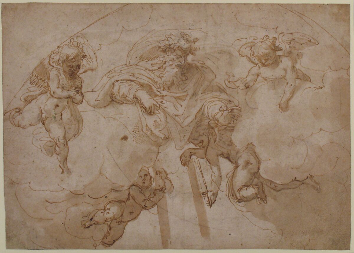 God the Father with Four Angels, Bertoia (Jacopo Zanguidi) (Italian, Parma 1544–?1573 Caprarola (?)), Pen and brown ink, brush and brown wash, over traces of black chalk