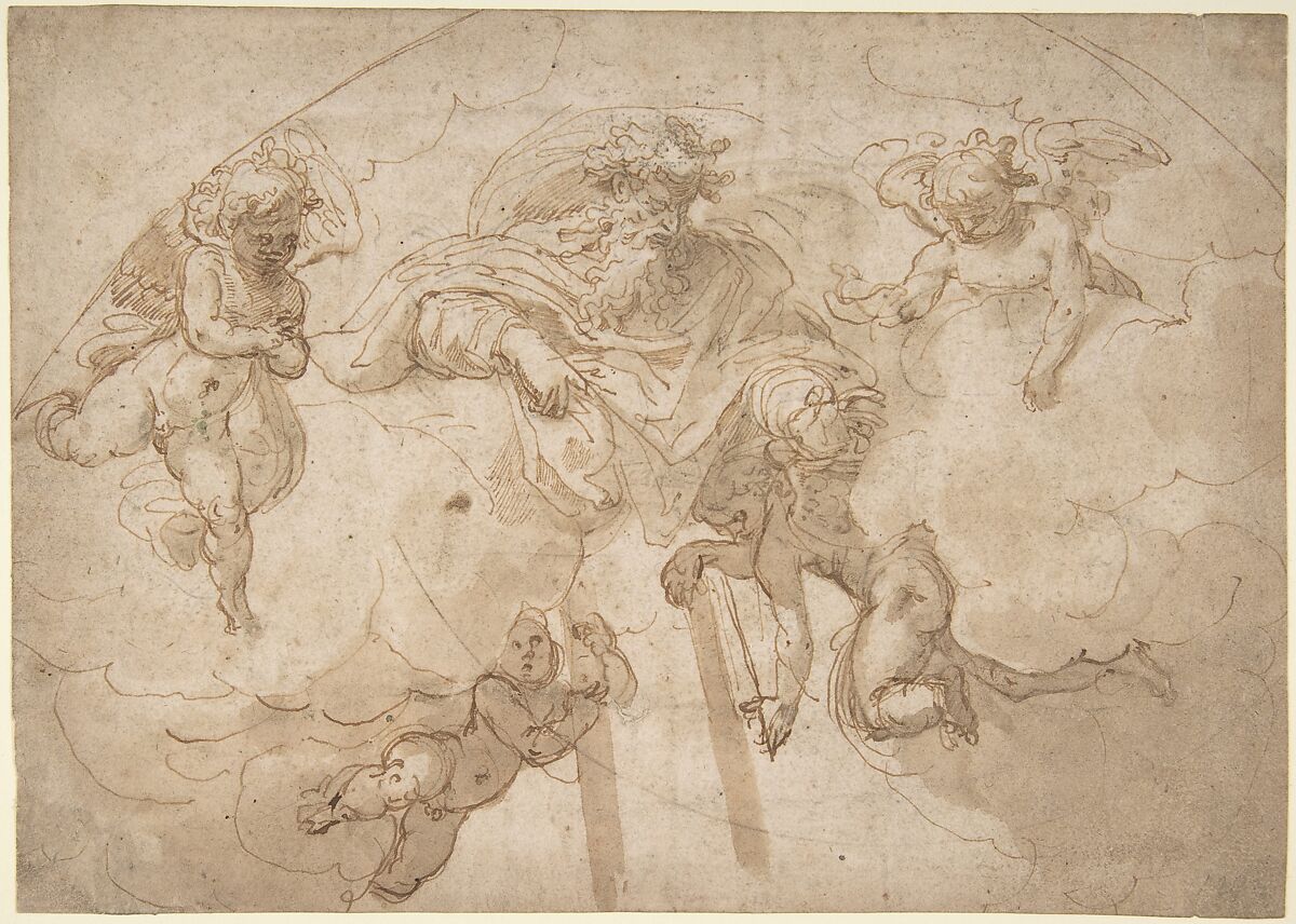 God the Father with Four Angels, Bertoia (Jacopo Zanguidi) (Italian, Parma 1544–?1573 Caprarola (?)), Pen and brown ink, brush and brown wash, over traces of black chalk 