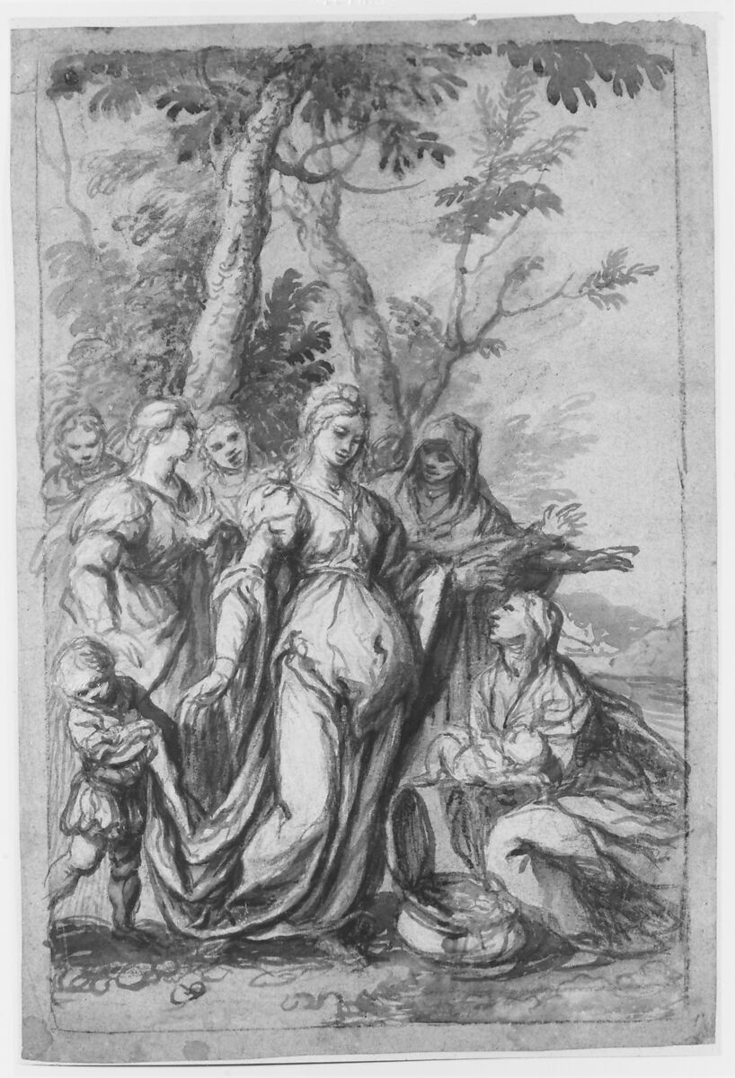 The Finding of Moses, Montalto (Giovanni Stefano Danedi or Doneda) (Italian, Treviglio 1612–1690 Milan), Brush and brown wash, highlighted with white gouache, over soft black chalk, on gray-blue paper