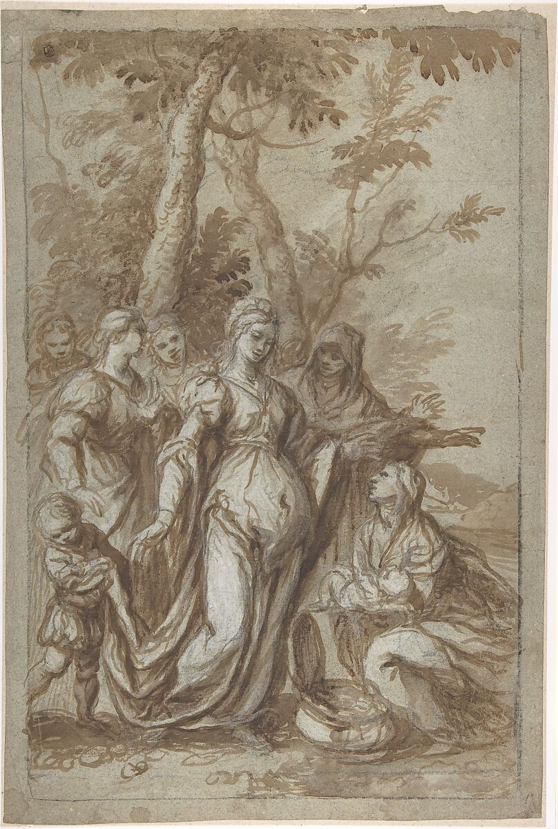 The Finding of Moses, Montalto (Giovanni Stefano Danedi or Doneda) (Italian, Treviglio 1612–1690 Milan), Brush and brown wash, highlighted with white gouache, over soft black chalk, on gray-blue paper 