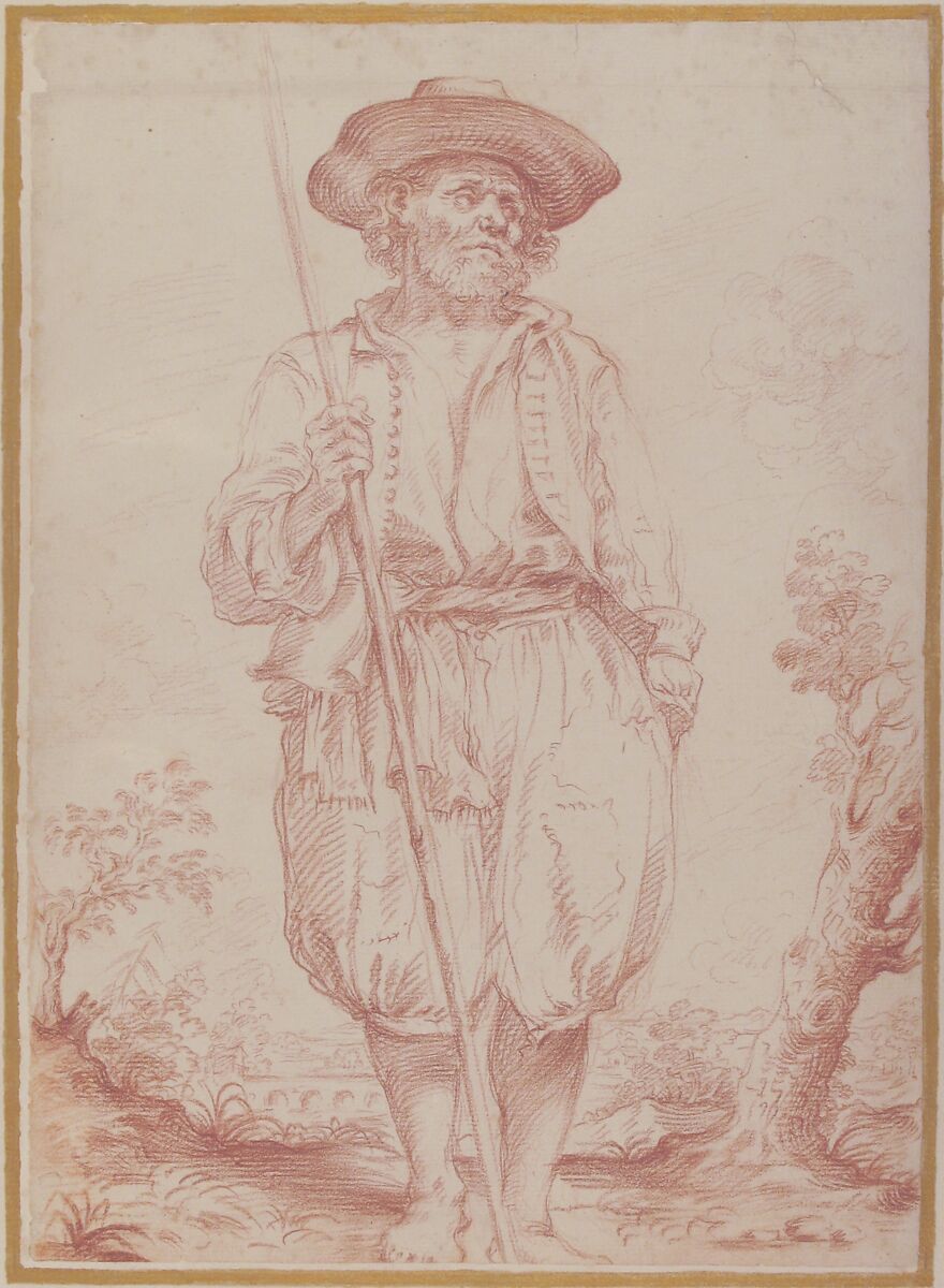 Standing Countryman Holding a Staff, Giovan Gioseffo dal Sole (Italian, Bologna 1654–1719 Bologna), Red chalk