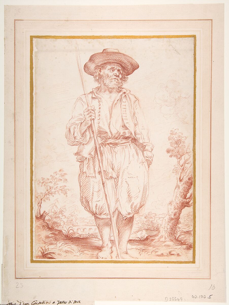 Standing Countryman Holding a Staff, Giovan Gioseffo dal Sole (Italian, Bologna 1654–1719 Bologna), Red chalk 
