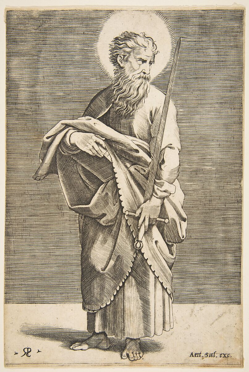 Saint Paul looking to the right and holding a sword and a book, Marco Dente (Italian, Ravenna, active by 1515–died 1527 Rome), Engraving 