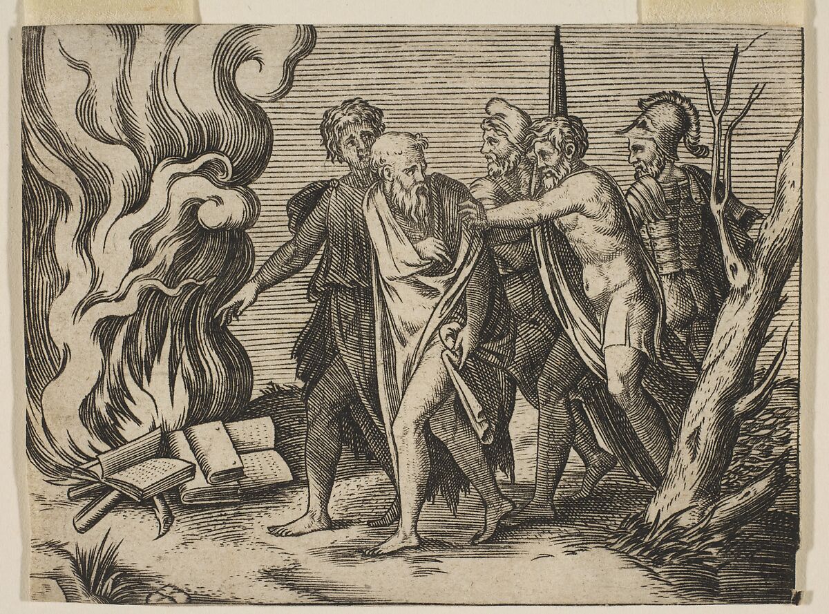 A group of men at right pushing philosophers toward a fire with burning books at the left, Attributed to Marco Dente (Italian, Ravenna, active by 1515–died 1527 Rome), Engraving 
