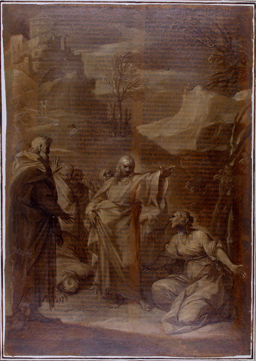 Christ and the Canaanite Woman, Giovan Gioseffo dal Sole (Italian, Bologna 1654–1719 Bologna), Brown and cream oil paint, on a sheet imprinted with a Latin text
