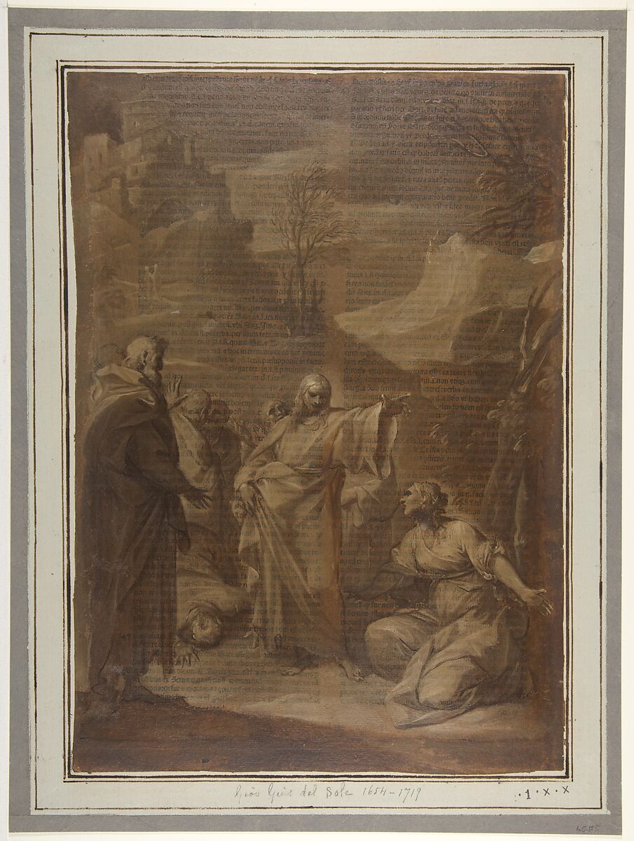 Christ and the Canaanite Woman, Giovan Gioseffo dal Sole (Italian, Bologna 1654–1719 Bologna), Brown and cream oil paint, on a sheet imprinted with a Latin text 