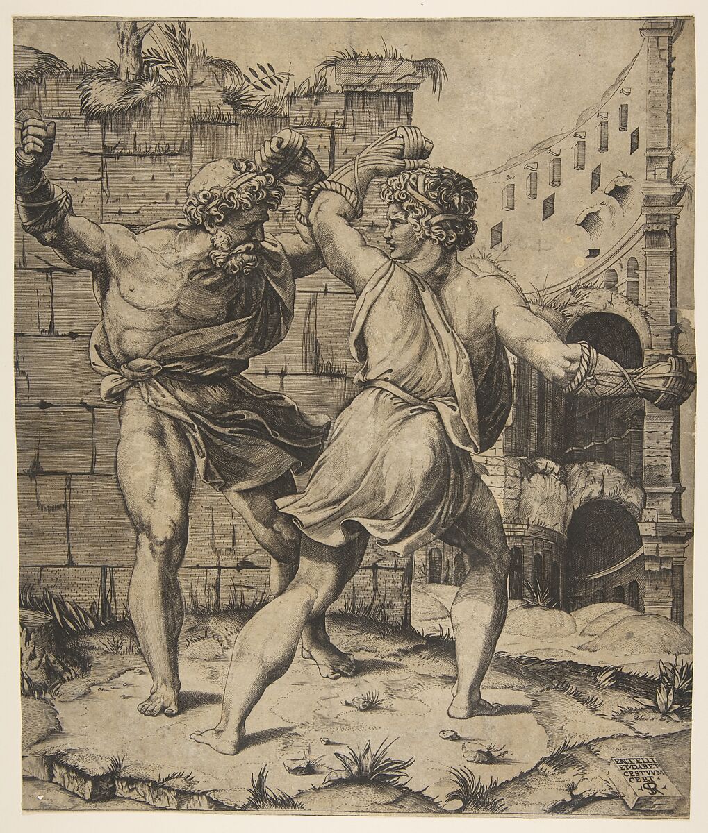Entellus and Dares fighting in front of classical ruins, Marco Dente (Italian, Ravenna, active by 1515–died 1527 Rome), Engraving 