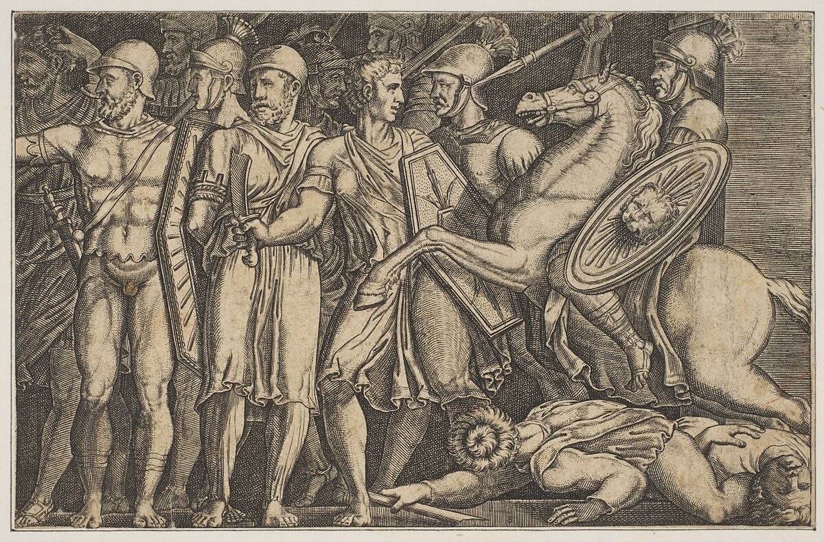 Trajan Fighting the Dacians; Trajan on horseback at right riding towards a group of soldiers at left and trampling two men, Anonymous, Italian, 16th to early 17th century, Engraving 