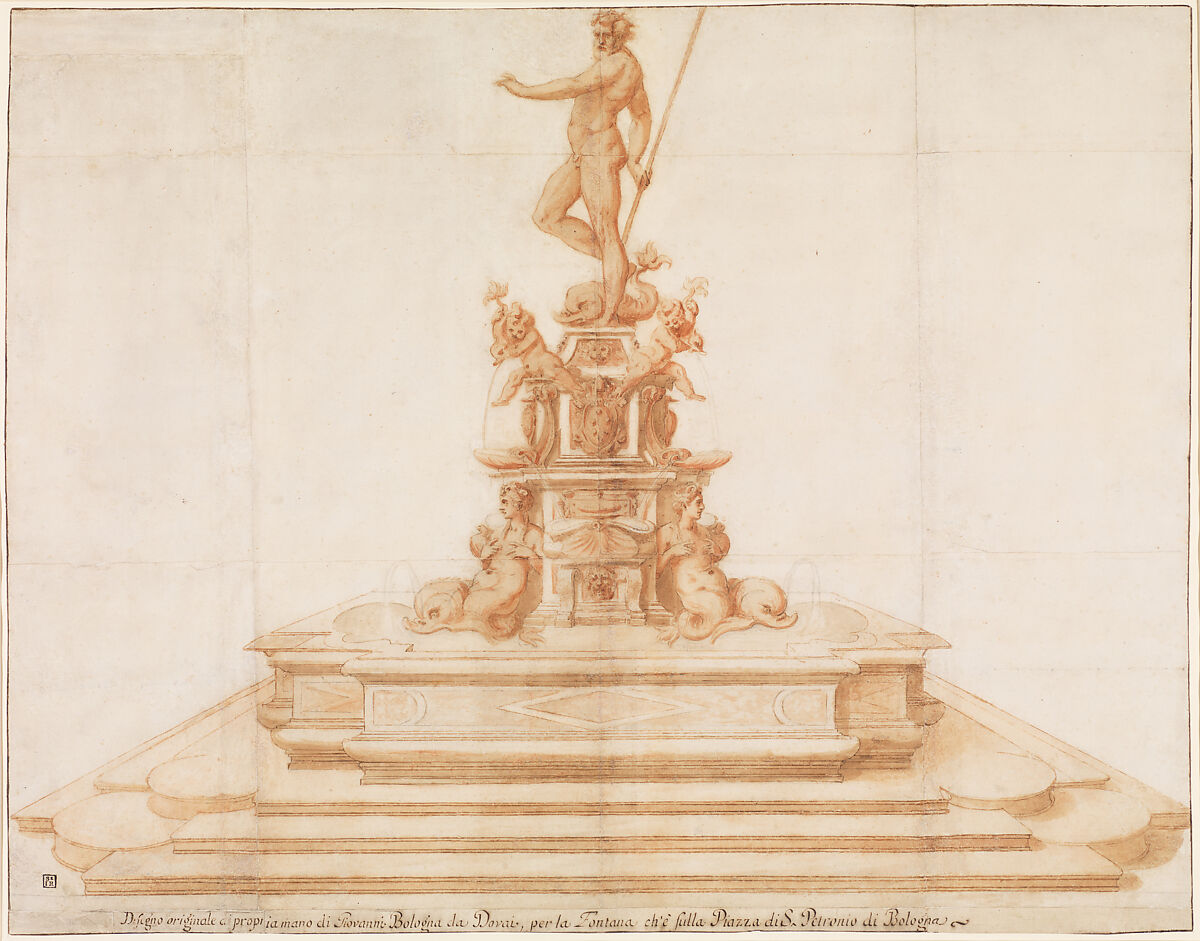 Copy after Giambologna's Neptune Fountain in Piazza San Petronio, Bologna, Anonymous, Italian, 16th to early 17th century, Pen and brown ink, brush and brown wash, red wash, on black chalk, ruling, on twelve sheets of paper 