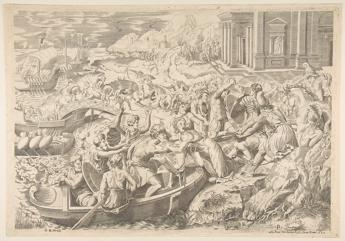 The Abduction of Helen; battle scene on shore with two men pulling Helen into a boat at center, After Marco Dente (Italian, Ravenna, active by 1515–died 1527 Rome), Engraving 